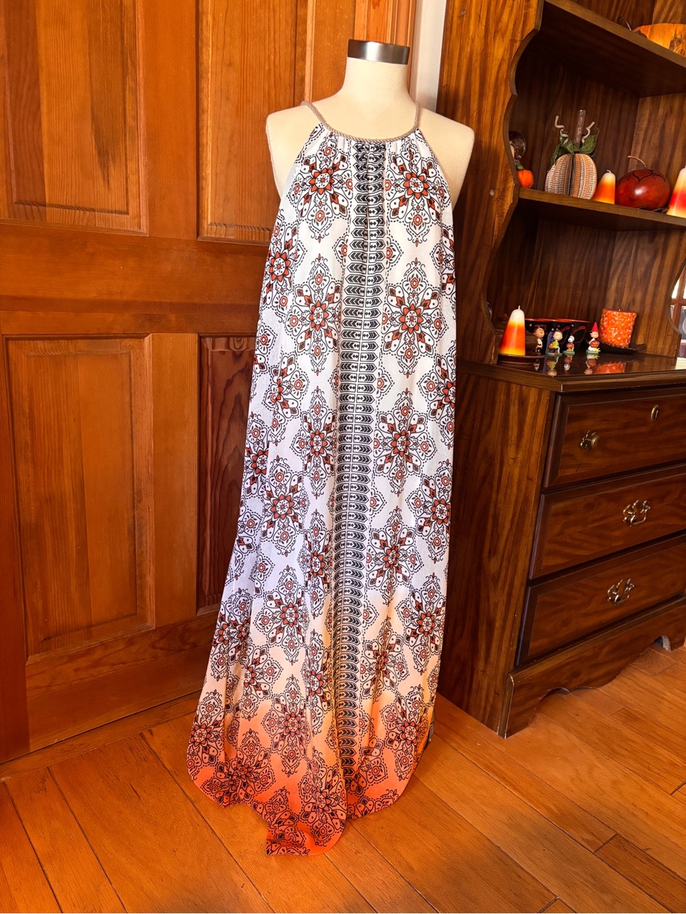 Altar’d State Floral Halter Maxi Dress in White and Orange M